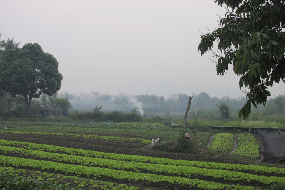 Farmers burn crop waste from a field outside the Lao UNESCO heritage site of Luang Prabang, Saturday, April 6, 2024, adding to the heavy haze over much of inland Southeast Asia in spring months due to crop and waste burning. ASEAN finance ministers met in Luang Prabang this week to discuss economic and financial issues including ways to help finance reductions in carbon emissions that contribute to global warming. (AP Photo/Elaine Kurtenbach)