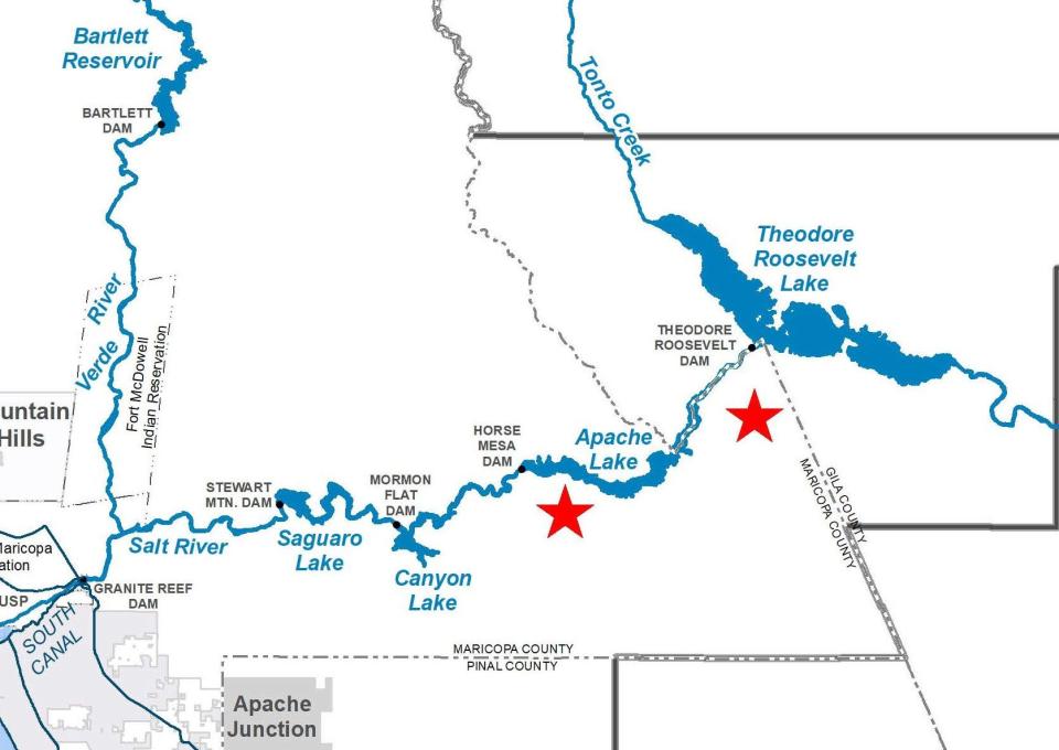 Salt River Project is evaluating two sites south of Apache Lake where it might install a pumped storage reservoir. The small lake would be drained to generate electricity, and refilled from Apache Lake when there is surplus electricity on the power grid.