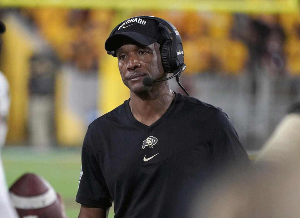 Colorado head coach Karl Dorrell reacts to an Arizona State touchdown against his defense during the second half of an NCAA college football game Saturday, Sept. 25, 2021, in Tempe, Ariz. (AP Photo/Darryl Webb)