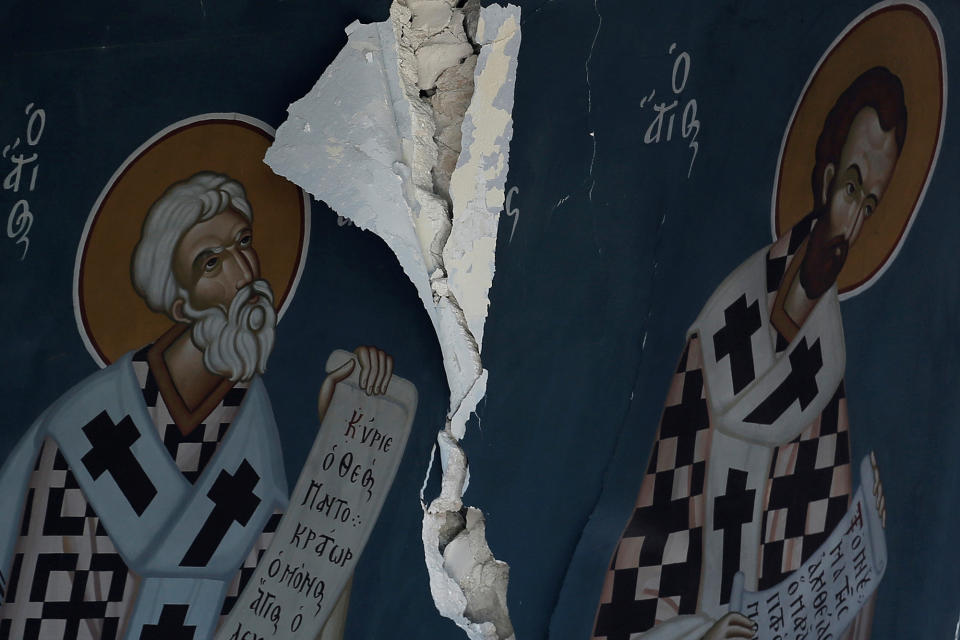 Icons are seen inside a damaged church following an earthquake off the island of Kos.