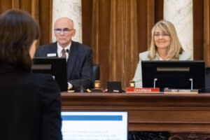 FAC co-chairs Sen. Scott Grow, R-Eagle, (center) and Rep. Wendy Horman, R-Idaho Falls (right)