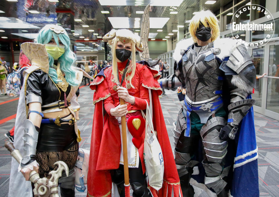 Byleth, Edelgard, and Dimitri from <em>Fire Emblem: Three Houses</em> cosplayers