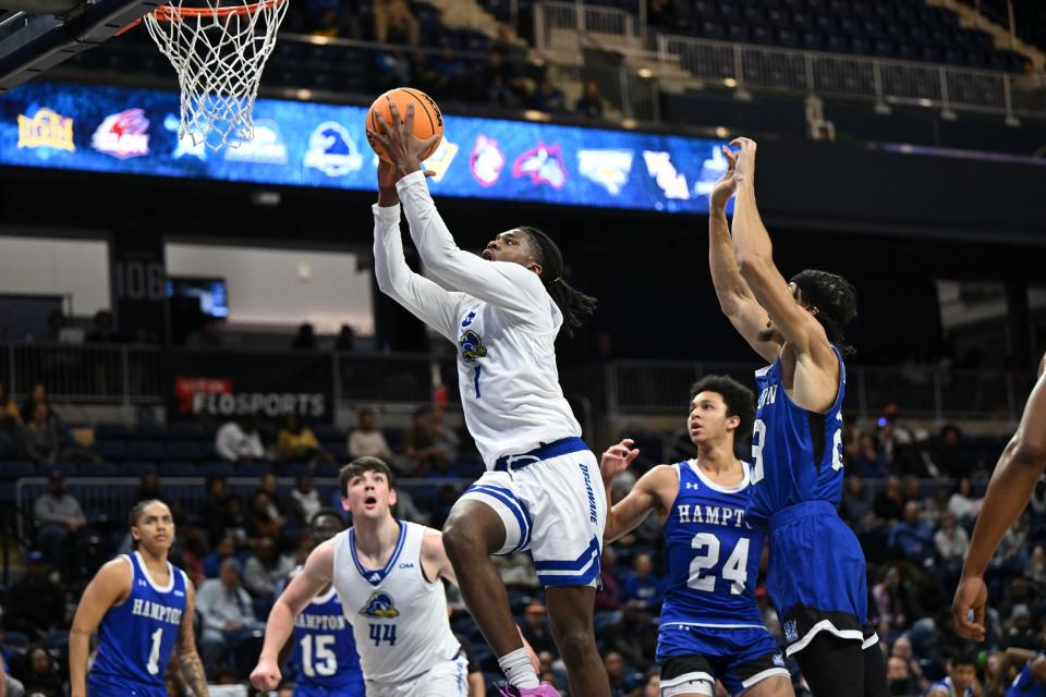 Delaware's Gerald Drumgoole Jr. drives to the basket in Saturday's CAA Tournament win over Hampton at the Entertainment & Sports Arena in Washington, D.C.