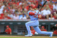 St. Louis Cardinals' Harrison Bader watches his RBI single during the second inning of the team's baseball game against the Cincinnati Reds in Cincinnati, Saturday, July 24, 2021. (AP Photo/Aaron Doster)