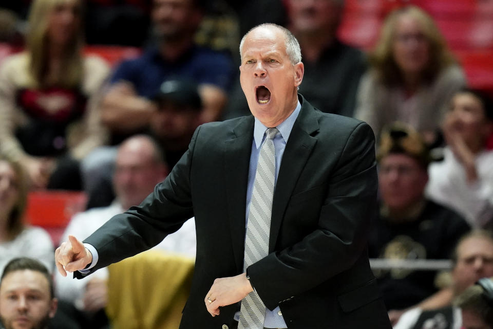 Colorado coach Tad Boyle shouts to the team during the second half of an NCAA college basketball game against Utah on Saturday, Feb. 11, 2023, in Salt Lake City. (AP Photo/Rick Bowmer)