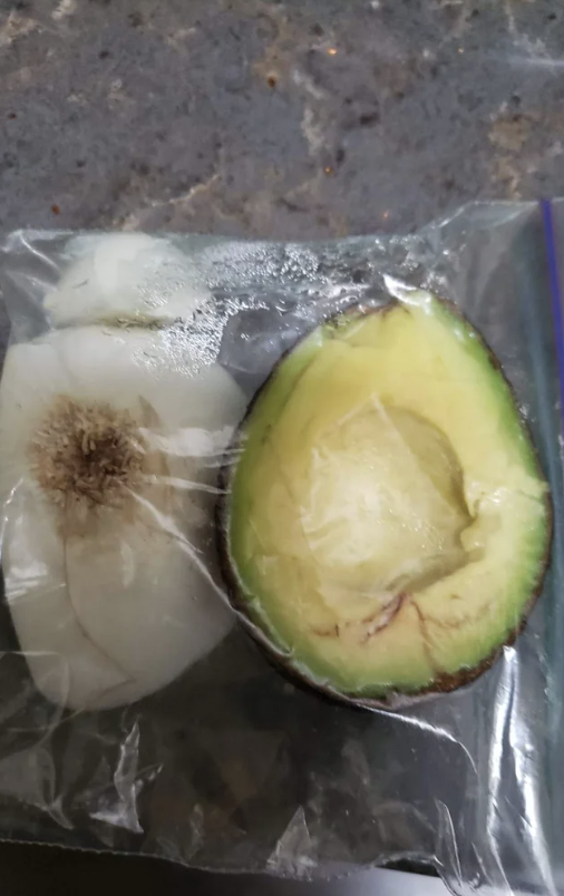 an avocado and an onion in a bag together