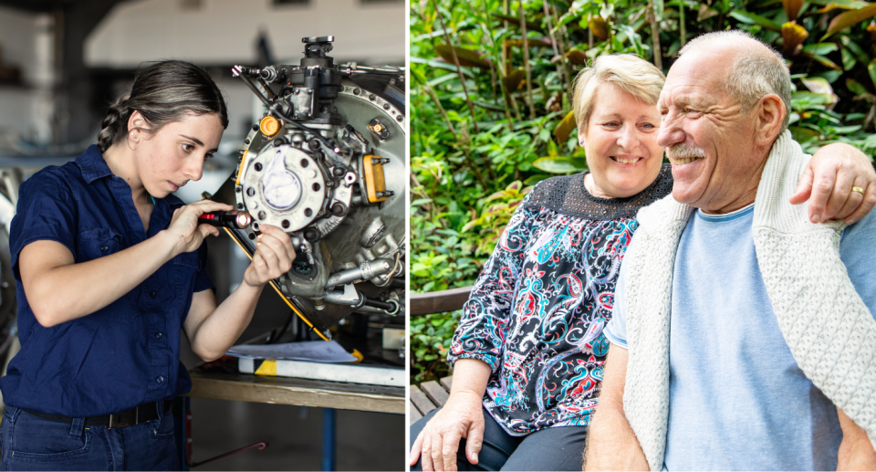 Young woman working on an aircraft part, and an older couple smiling, superannuation.