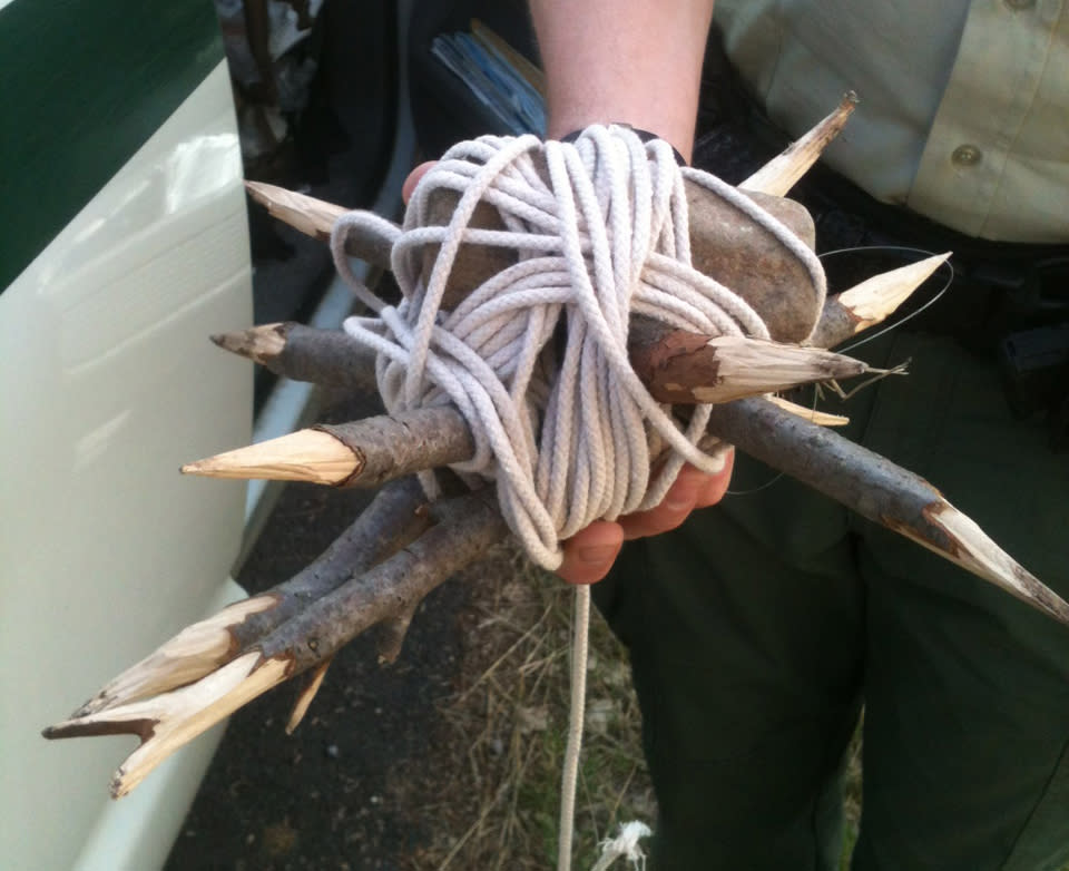 This photo released on April 23, 2012 by the Utah County Sheriff's Department shows one of the booby traps taken from a crude shelter made of dead tree limbs found in a Provo Canyon. Two men have been arrested on suspicion of setting the traps and were booked Saturday into the county jail for investigation of misdemeanor reckless endangerment. (AP Photo/Utah County Sheriff Department)