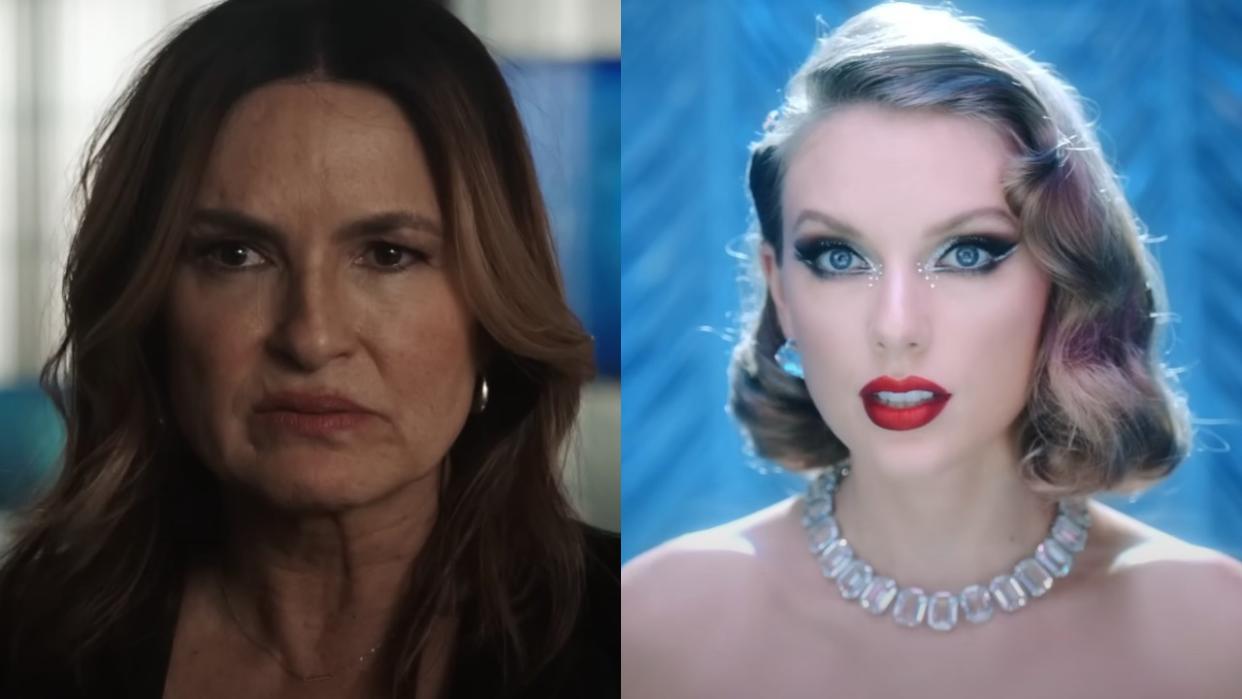  From left to right: Mariska Hargitay on Law and Order and Taylor Swift in the "Bejeweled" music video. . 