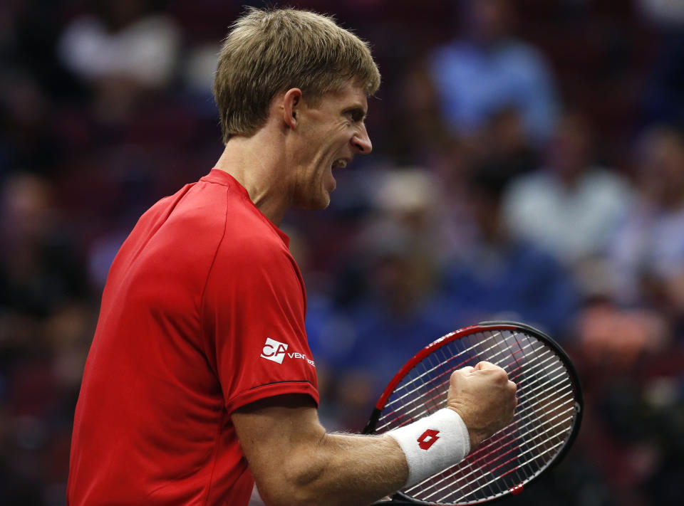 Team World's Kevin Anderson celebrates a point during a men's singles tennis match against Team Europe's Alexander Zverev at the Laver Cup, Sunday, Sept. 23, 2018, in Chicago. (AP Photo/Jim Young)