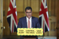 In this photo issued by 10 Downing Street, Britain's Business, Energy and Industrial Strategy Secretary Alok Sharma speaks during a coronavirus media briefing in Downing Street, London, Tuesday, May 12, 2020. (Pippa Fowles/10 Downing Street via AP)