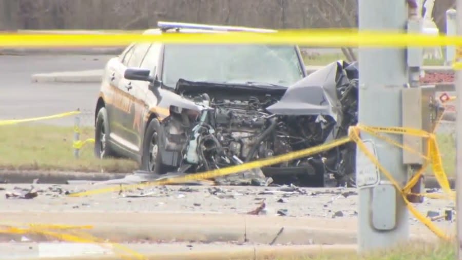 A sheriff’s office cruiser took significant damage to its front during a police pursuit in the Dayton area on January 8, 2024 (NBC4 Photo/Mike Klug)