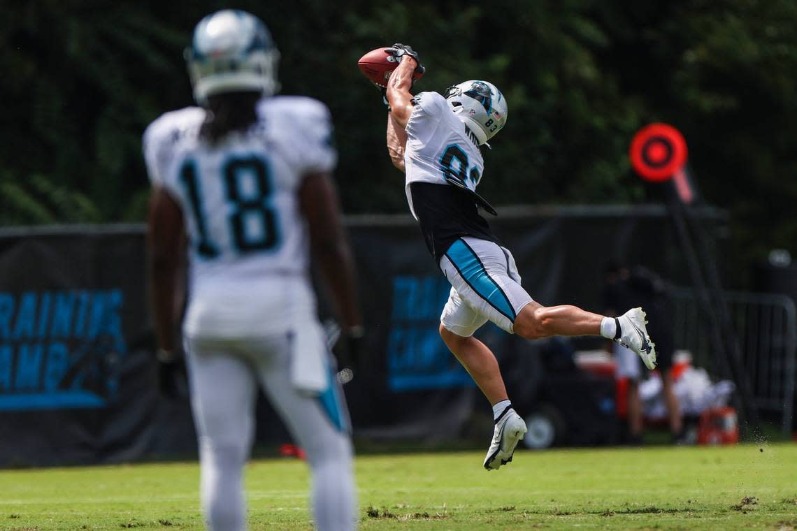 Panthers wide receiver Derek Wright, stretches to make a catch during training camp at Wofford College on Tuesday, August 9, 2022 in Spartanburg, SC.