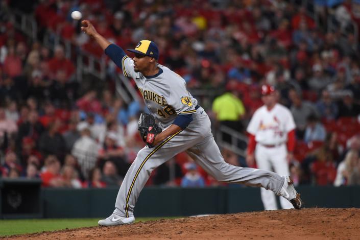 May 27, 2022; St. Louis, Missouri, USA; Milwaukee Brewers relief pitcher Luis Perdomo (46) pitches against the St. Louis Cardinals during the fifth inning at Busch Stadium. Mandatory Credit: Joe Puetz-USA TODAY Sports