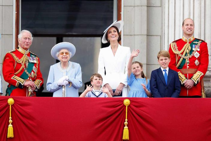 Prince Charles, Prince of Wales, Queen Elizabeth II, Prince Louis of Cambridge, Catherine, Duchess of Cambridge, Princess Charlotte of Cambridge, Prince George of Cambridge and Prince William, Duke of Cambridge