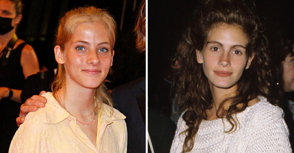 Side-by-side- images of Hazel Moder in 2021 and her mother, Julia Roberts in 1989. Photo: Getty Images.