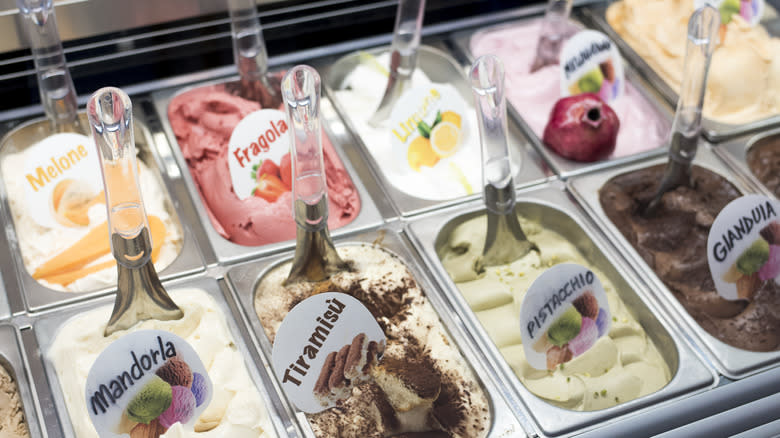 Pans of artisanal gelato