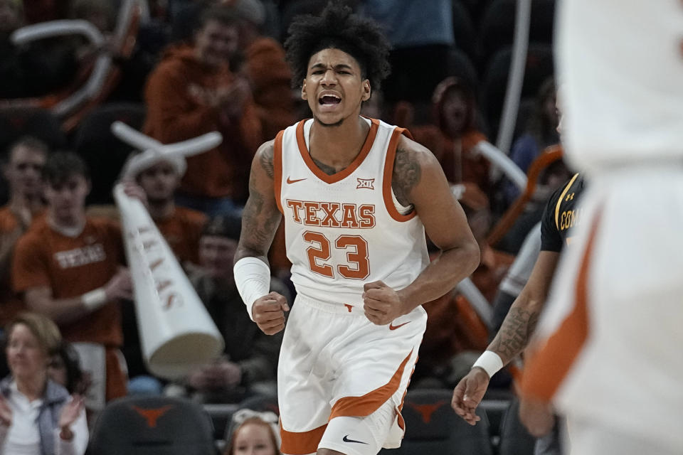 Texas forward Dillon Mitchell withdrew his name from the 2023 NBA Draft with an eye toward 2024. (AP Photo/Eric Gay)