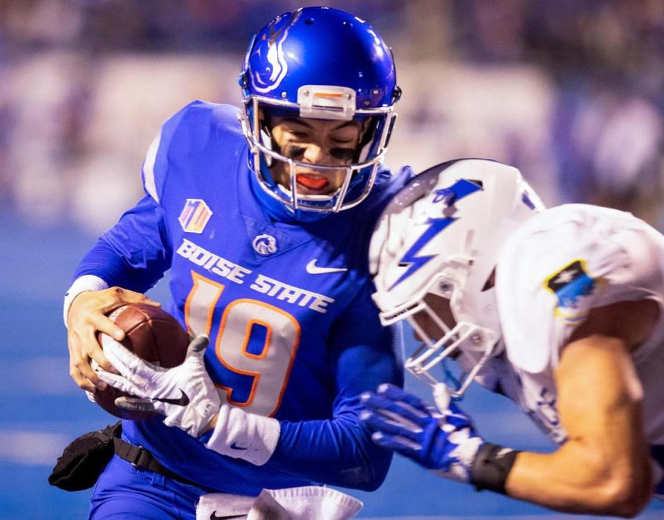 Boise State quarterback Hank Bachmeier gets tackled on the 2-yard line on fourth down during the second half of the Broncos’ Mountain West game against Air Force.