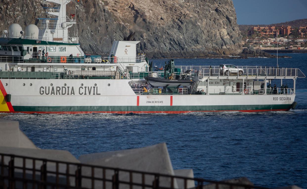 A Spanish Civil Guard vessel is seen in Arona, on the Spanish Canary island of Tenerife on April 27, 2021.  (AFP via Getty Images)
