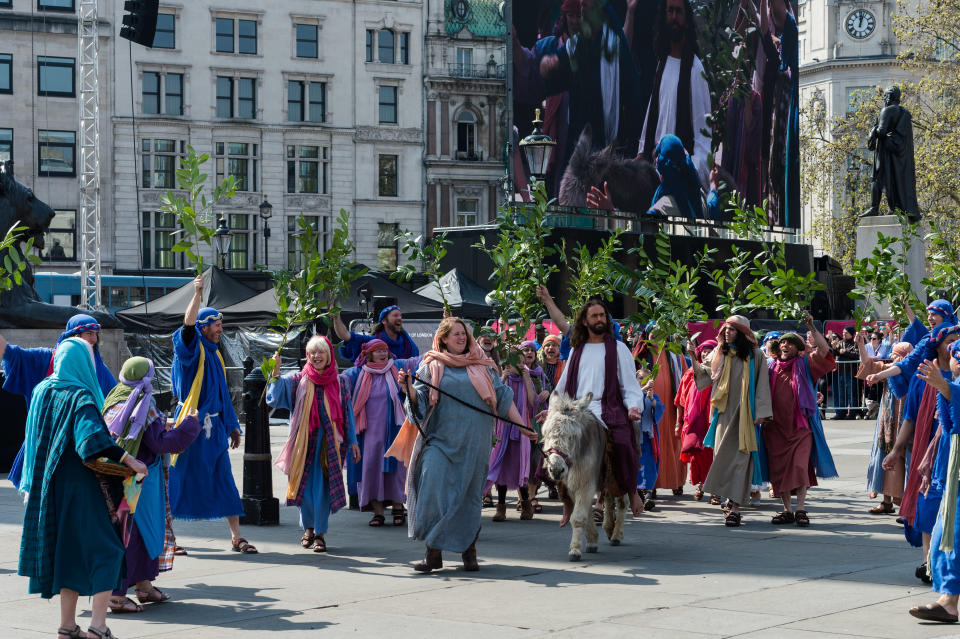 James Burke-Dunsmore plays Jesus Christ during a Good Friday performance in Trafalgar Square on April 19, 2019, in London. (NurPhoto via Getty Images)