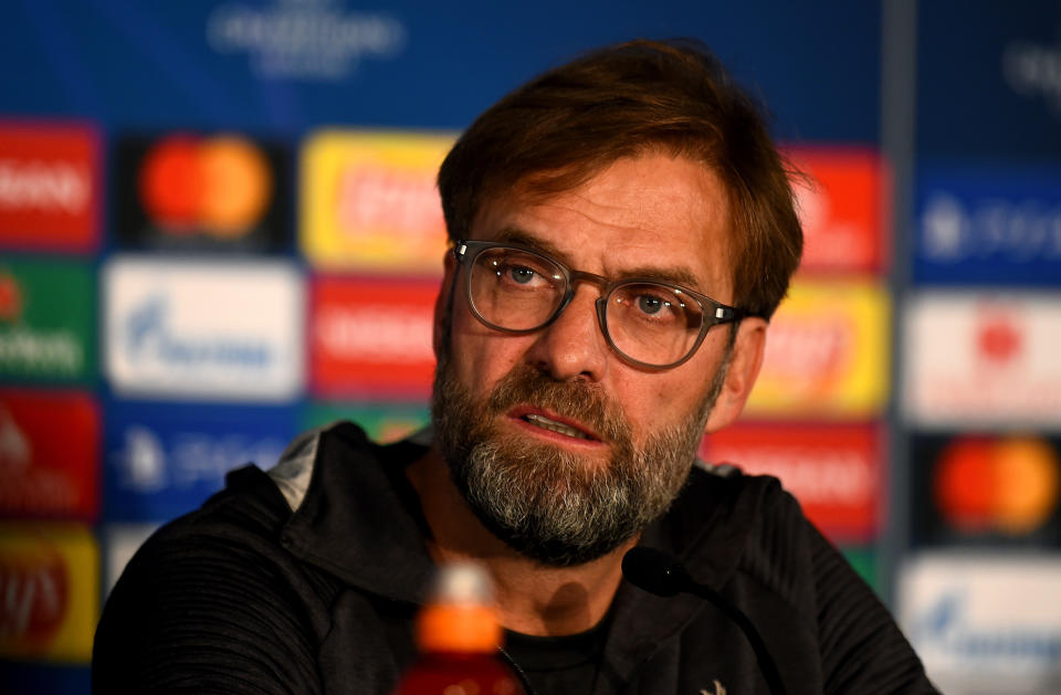 SALZBURG, AUSTRIA - DECEMBER 09: (THE SUN OUT, THE SUN ON SUNDAY OUT) Jurgen Klopp manager of Liverpool during a press conference at Red Bull Arena on December 09, 2019 in Salzburg, Austria. (Photo by Andrew Powell/Liverpool FC via Getty Images)