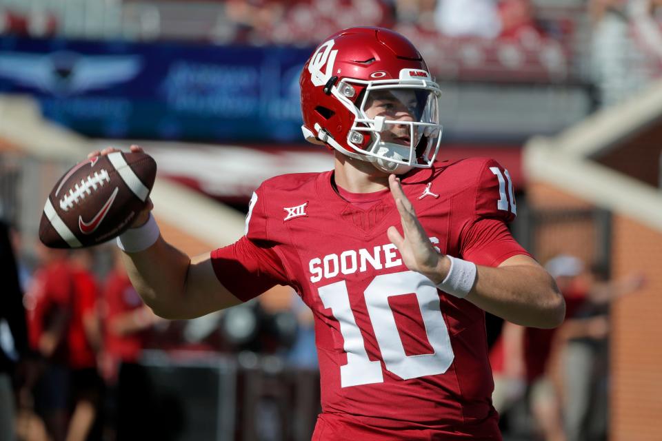 Oklahoma's Jackson Arnold (10) warms before a college football game between the University of Oklahoma Sooners (OU) and the Arkansas State Red Wolves at Gaylord Family-Oklahoma Memorial Stadium in Norman, Okla., Saturday, Sept. 2, 2023.