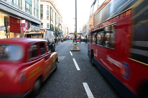 <span class="caption">Road, rail and aircraft – now wind turbine and leisure added as overly noisy sources.</span> <span class="attribution"><a class="link " href="https://www.shutterstock.com/image-photo/black-cab-coach-passing-on-london-3624237?src=pDc6grBGIvTFZcjwr5dHkA-1-13" rel="nofollow noopener" target="_blank" data-ylk="slk:Tramper79/Shutterstock;elm:context_link;itc:0;sec:content-canvas">Tramper79/Shutterstock</a></span>