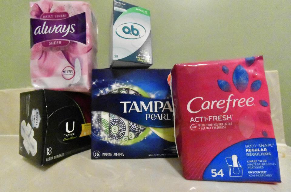 Various menstrual products are seen, Wednesday, Feb. 20, 2019, in Kennesaw, Ga. Georgia’s legislature is joining a nationwide effort to provide menstrual products for public school students in need. (AP Photo/Mike Stewart)