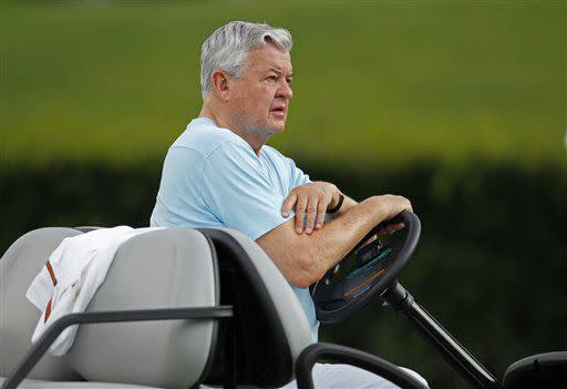 Carolina Panthers owner Jerry Richardson watches practice at the NFL team's football training camp in Spartanburg, S.C., Saturday, July 28, 2012. (AP Photo/Chuck Burton)