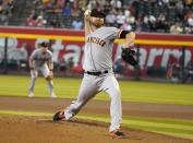 San Francisco Giants pitcher Alex Cobb throws to an Arizona Diamondbacks batter during the first inning of a baseball game, Saturday Sept. 24, 2022, in Phoenix. (AP Photo/Darryl Webb)