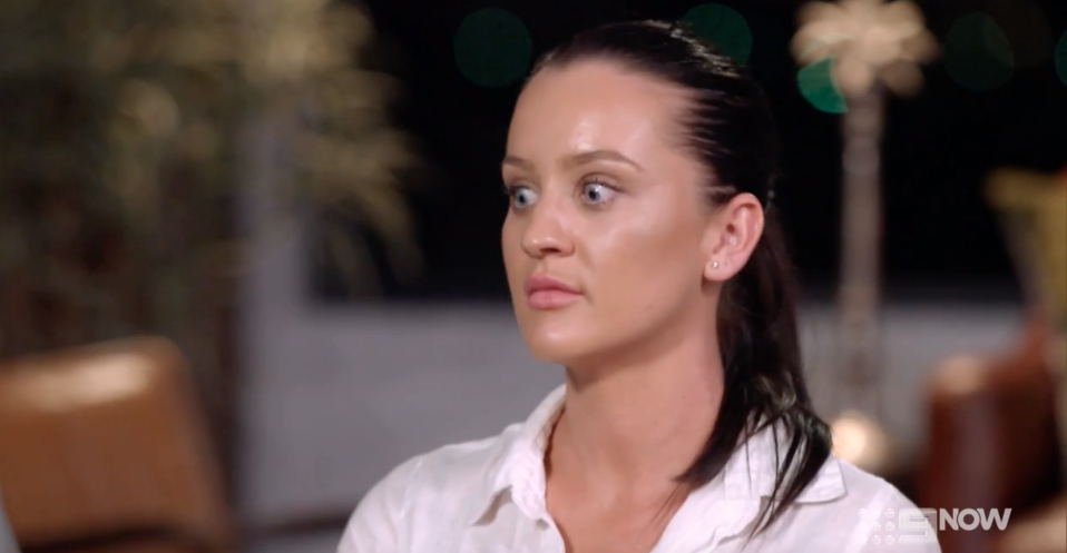 A screenshot of Married At First Sight contestant Ines Basic looking surprised in season six