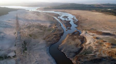 The Theewaterskloof Dam, which supplies most of Cape Town's potable water, is seen from above near Villiersdorp, South Africa, February 20, 2018. REUTERS/Mike Hutchings