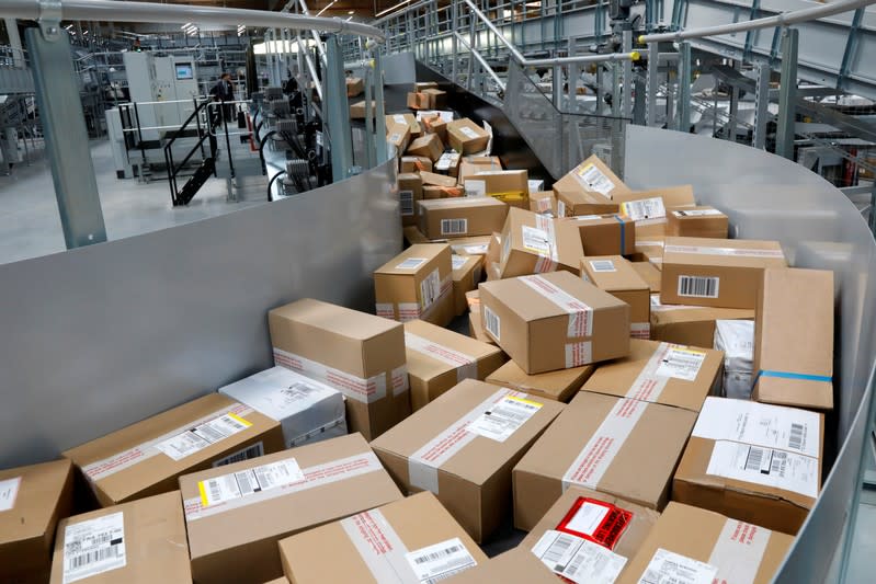 FILE PHOTO: Packages are seen at the new package sorting and delivery UPS (United Parcel Service) hub in Corbeil-Essonnes and Evry