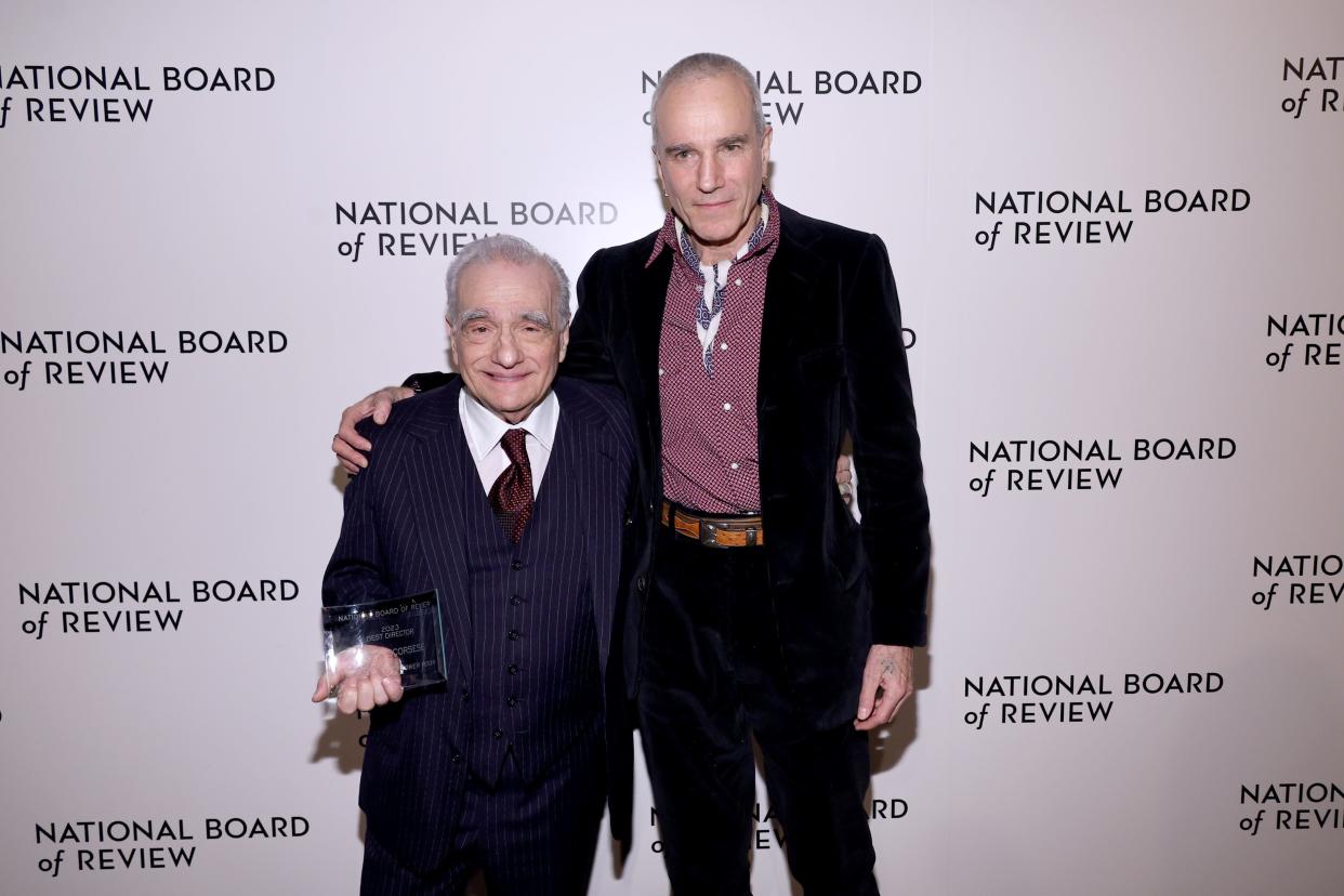 "Killers of the Flower Moon" director Martin Scorsese, left, and Daniel Day-Lewis pose at the NBR dinner.
