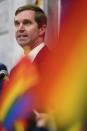 Kentucky Democratic Gov. Andy Beshear speaks at a rally held by Fairness Campaign to advance LGBTQ rights, in the Rotunda at the State Capitol, Frankfort, Ky.,on Wednesday, Feb. 19, 2020. (AP Photo/Bryan Woolston)