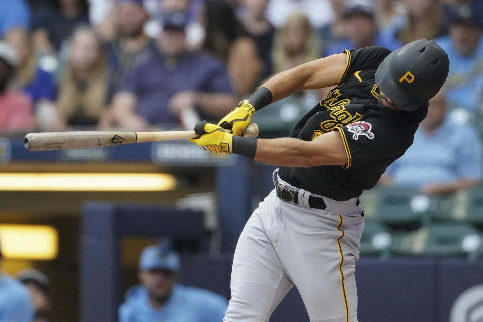 Pittsburgh Pirates' Alfonso Rivas hits a three-run home run during the first inning of a baseball game against the Milwaukee Brewers, Friday, Aug. 4, 2023, in Milwaukee. (AP Photo/Aaron Gash)