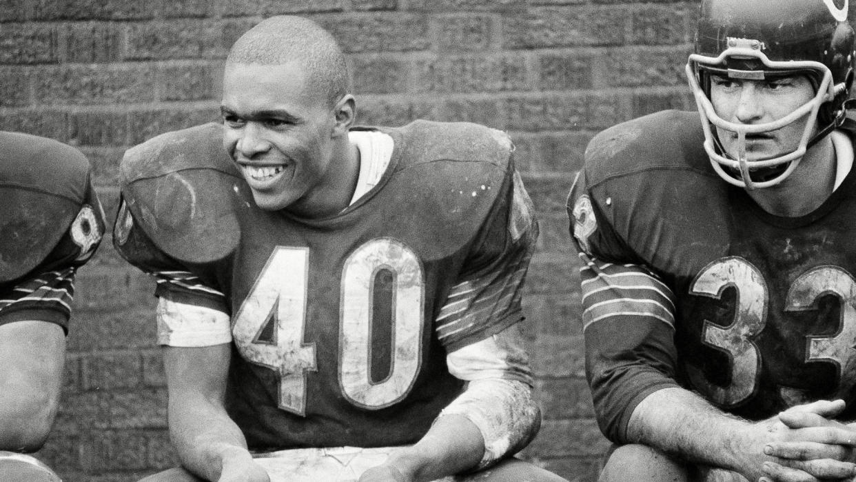 Mandatory Credit: Photo by Paul Cannon/AP/Shutterstock (6620098a)Gale Sayers Gale Sayers, Chicago Bears' sensational halfback, smiles happily after scoring six touchdowns against San Francisco 49ers as the Bears won, 61-20, in Chicago, .