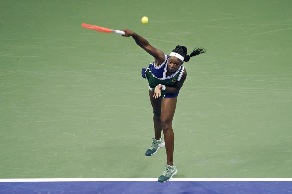 Sloane Stephens, of the United States, serves to Coco Gauff, of the United States, during the second round of the US Open tennis championships, Wednesday, Sept. 1, 2021, in New York. (AP Photo/John Minchillo)