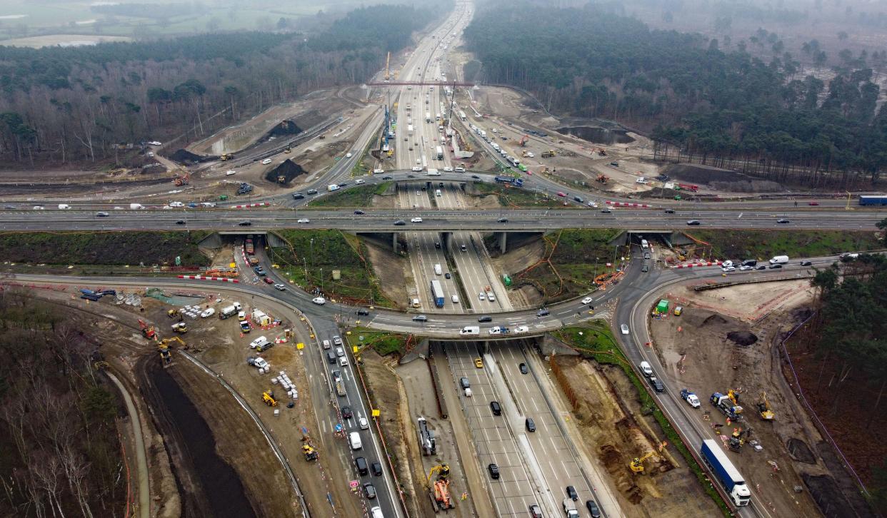 A view of traffic using junction 10 of the M25 in Surrey during a site visit ahead of a planned closure of both carriageways on the motorway. (PA)