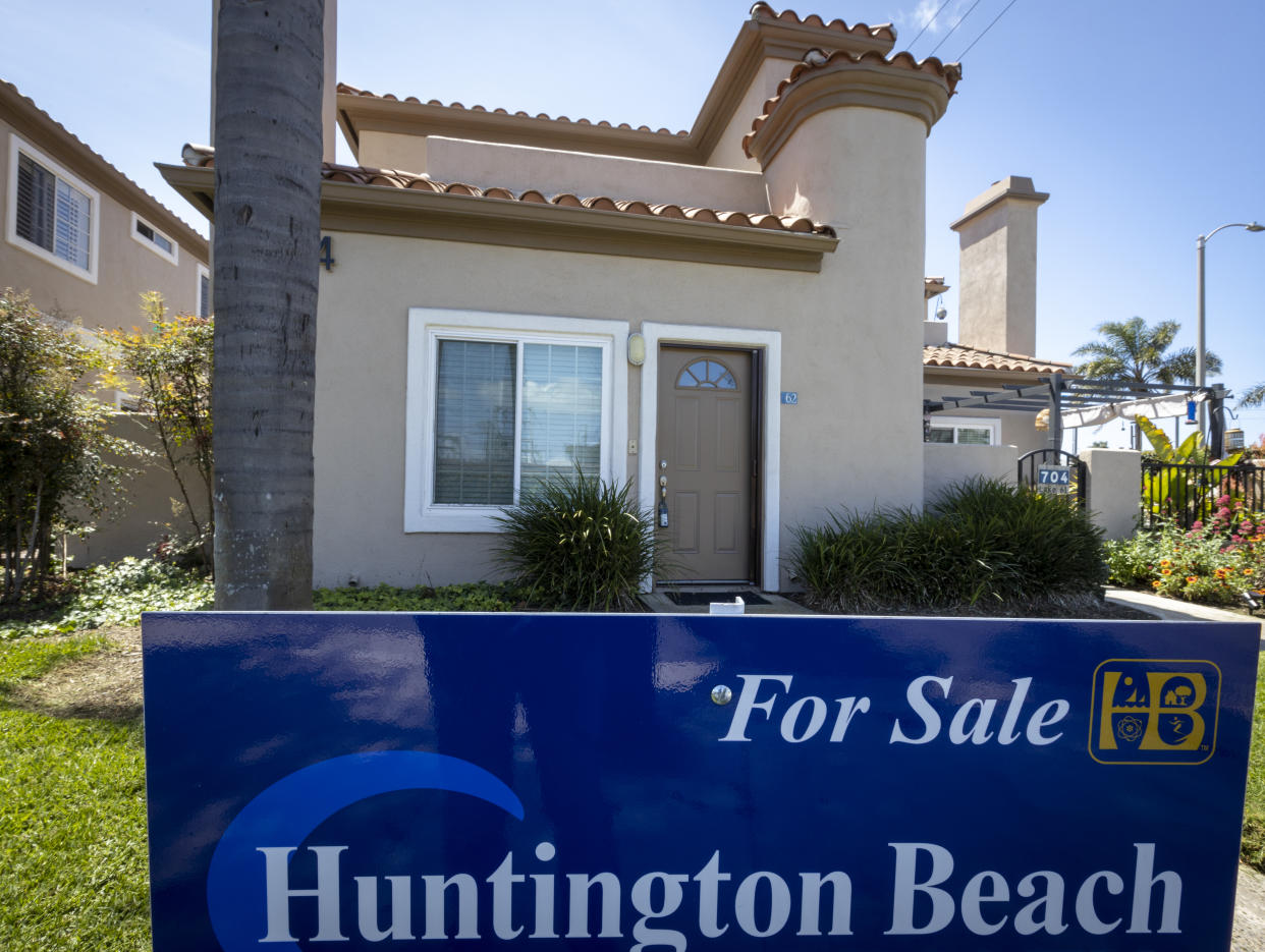 A view of a townhome at 704 Lake St #62, for sale in Huntington Beach, listed at $1,100,000 Friday, April 22, 2022. The median home price in Orange Count has reached $1 million for the first time in history. (Allen J. Schaben / Los Angeles Times via Getty Images)