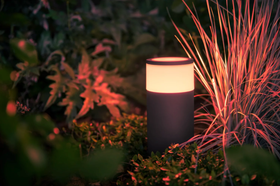 Close up of small cylindrical light feature casting warm light on garden plants