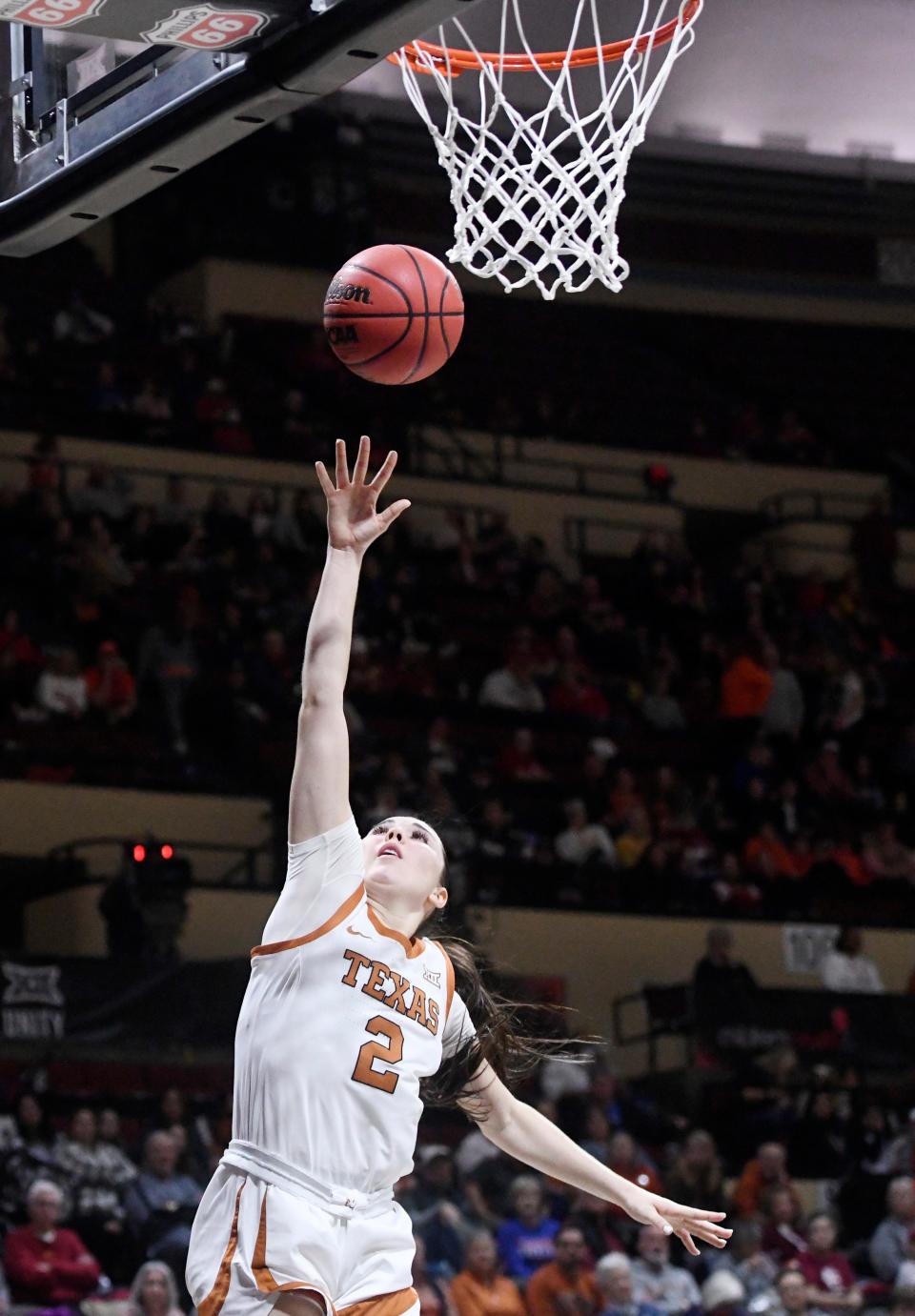 Texas guard Shaylee Gonzales puts up a shot during Saturday's win. She finished with 17 points, including a game-changing 3-pointer late in the first half.