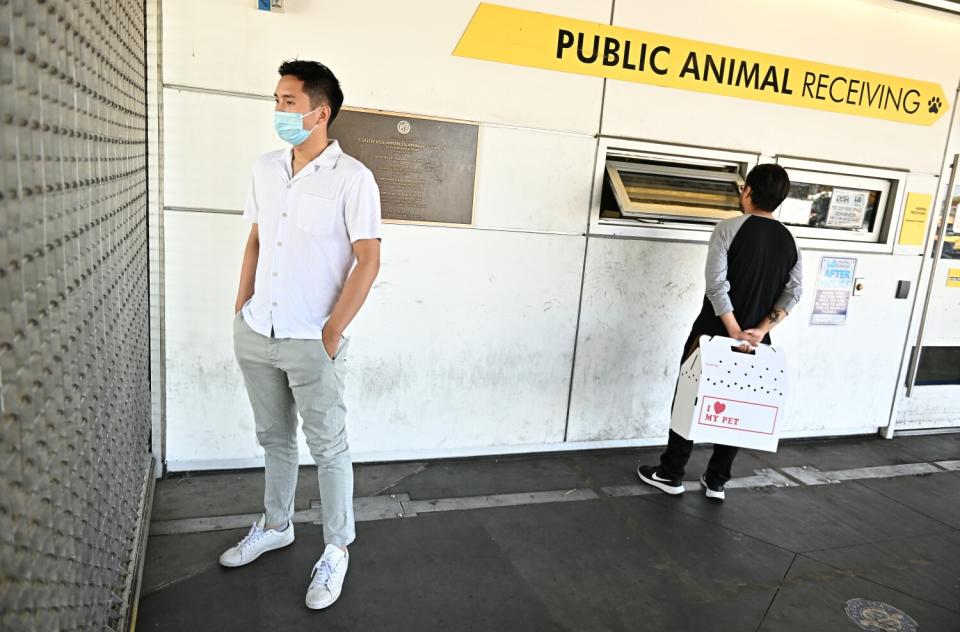 A man stands by a sign reading "Public Animal Receiving."