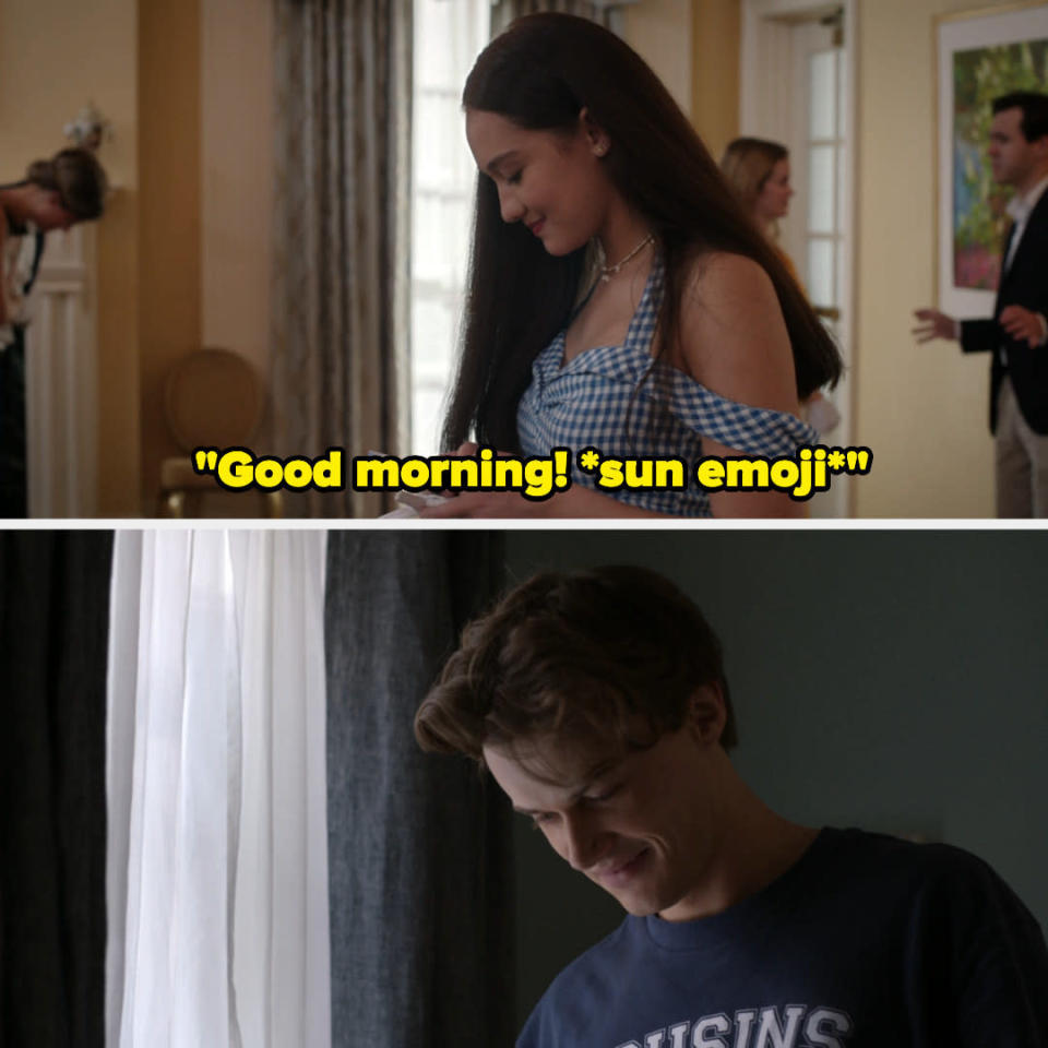 Belly texting &quot;Good morning&quot; with a sun emoji, and Conrad smiling