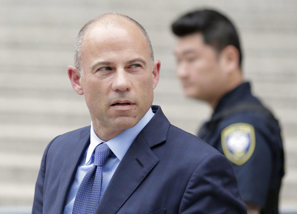 Attorney Michael Avenatti leaves a courthouse in New York, Tuesday, May 28, 2019, after pleading not guilty to charges that he defrauded his most famous client, porn star Stormy Daniels. (AP Photo/Seth Wenig)