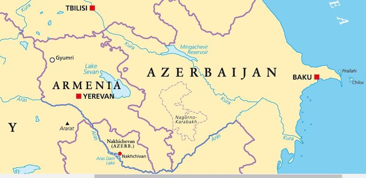 Map of  Azerbaijan and Armenia showing the territories of Nagorno-Karabakh and Nakhchivan.