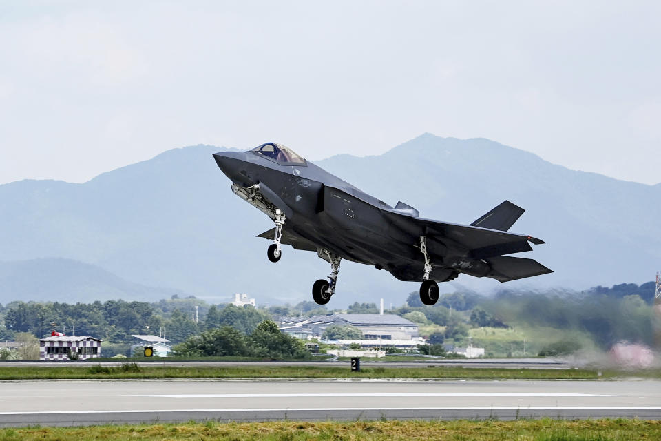 FILE - In this photo provided by South Korea Defense Ministry, a South Korean Air Force F-35A fighter jet takes off during the Ulchi Freedom Shield military exercise between the U.S. and South Korea at an undisclosed air base in South Korea, Monday, Aug. 21, 2023. North Korea has told Japan it plans to launch a satellite in the coming days, a possible second try to put a military spy satellite into orbit, Japanese media said Tuesday, Aug. 22. (South Korea Defense Ministry via AP, File)