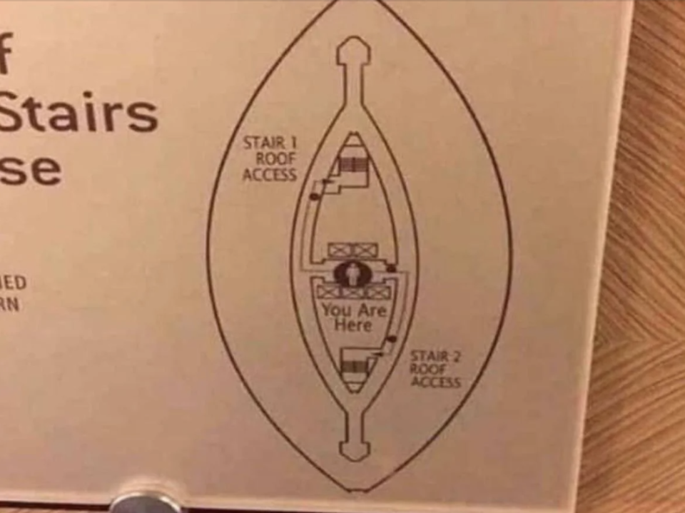 Diagram of a boat's stair layout with an amusing "You Are Here" marker floating in the ocean