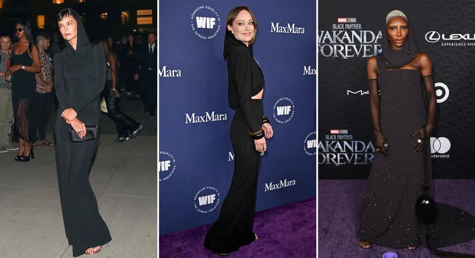Katie Holmes, Olivia Wilde und Michaela Coel haben alle schon dieses Jahr schwarze Versionen des Kapuzen-Trends auf dem roten Teppich getragen. (Getty Images)
